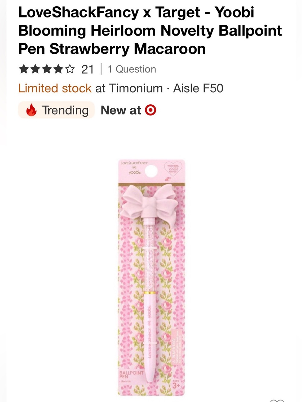 LoveShackFancy x Target Yoobi Pink Bow Ballpoint Pen with Decorative Gem Barrel